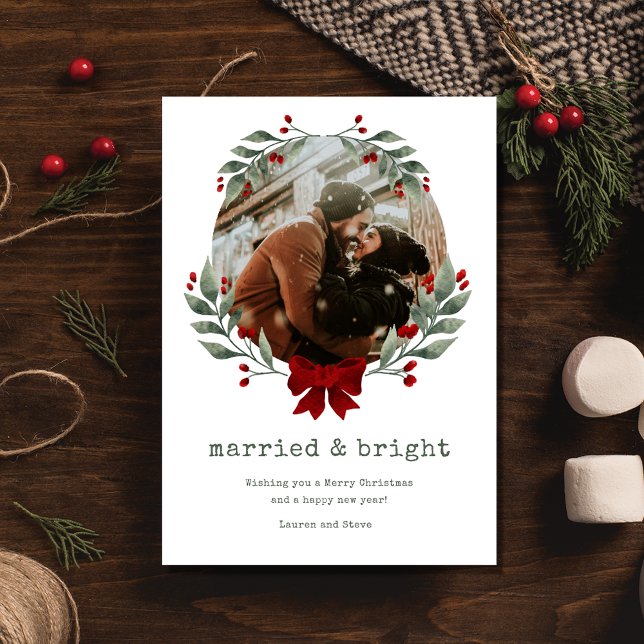 Tarjeta de vacaciones para Navidades de fotografía (Married Bright Couple Photo Christmas Holiday Card)