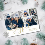 Tarjeta de vacaciones para Navidades de fotos Gold<br><div class="desc">Una elegante tarjeta fotográfica de vacaciones con tus 4 fotos favoritas y tu nombre familiar y fecha fijados en la tipografía moderna clásica sobre un mensaje de alegría con guión de moda. Diseñado por Thisisnotme©</div>
