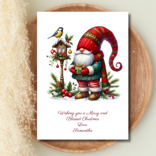 Tarjeta de vacaciones para Navidades de invierno G (Gnome Santa Clause Winter Bird Christmas Holiday Card. Personalize your message)