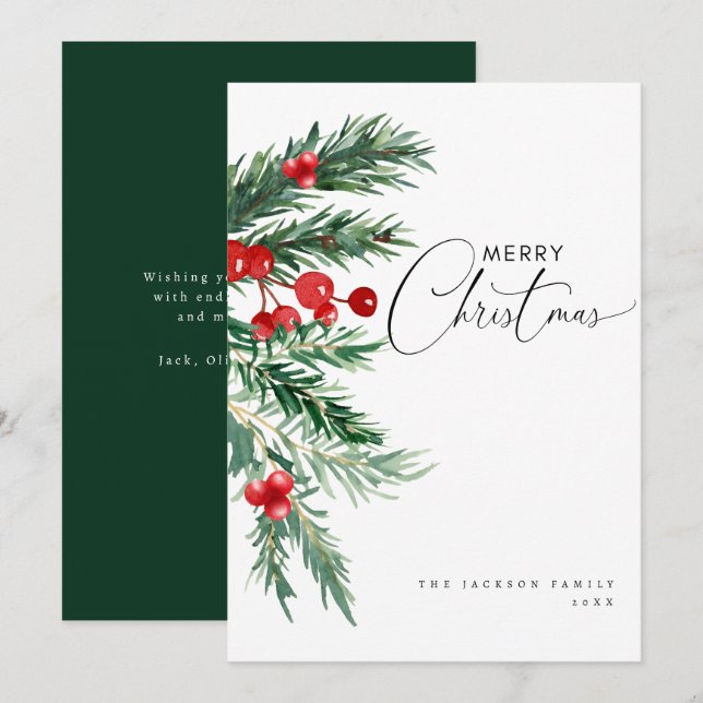 Tarjeta de vacaciones para Navidades de pino y bay (Anverso / Reverso)