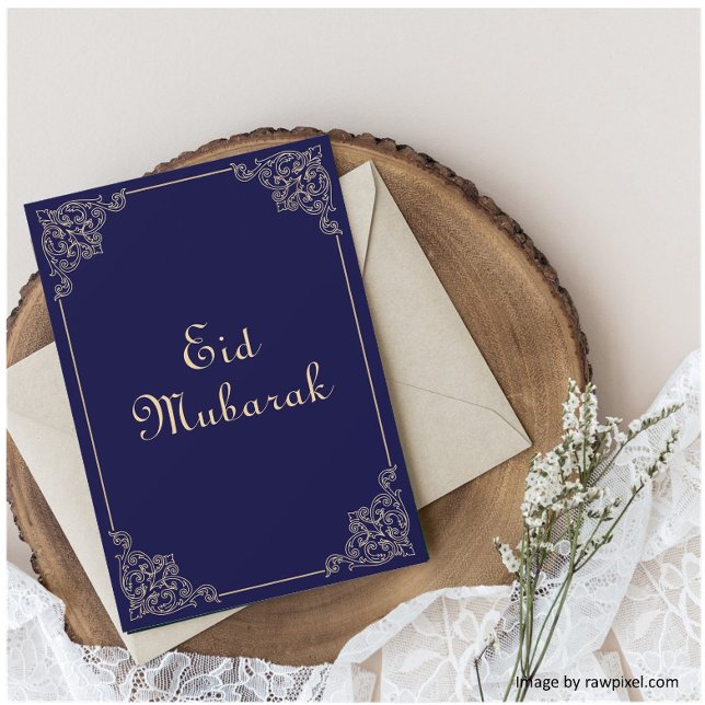 Tarjeta de vacaciones plana Blue Gold Eid Mubarak (Subido por el creador)