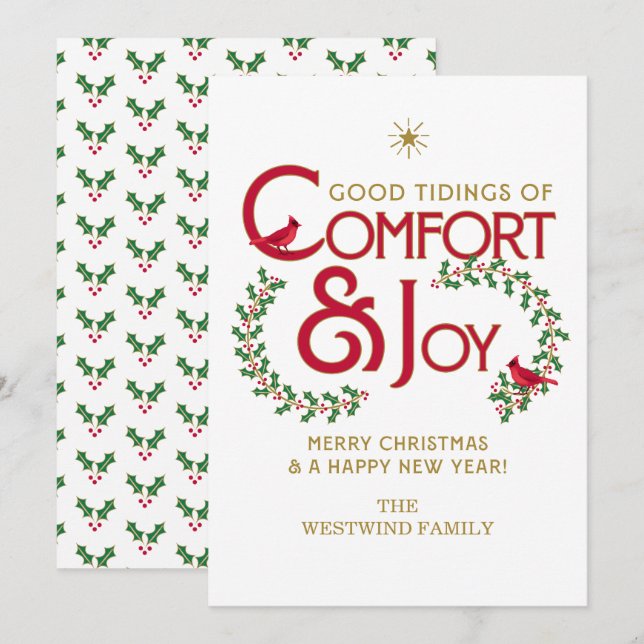 Tarjeta de vacaciones plana Comfort and Joy Merry  (Anverso / Reverso)