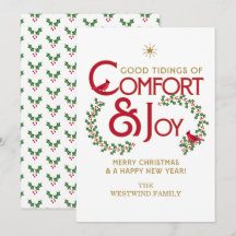 Tarjeta de vacaciones plana Comfort and Joy Merry 