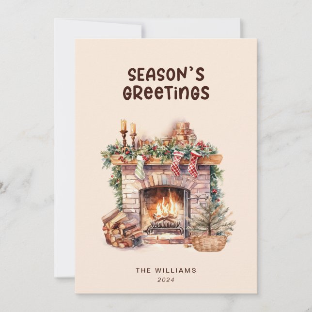 Tarjeta de vacaciones plana con chimenea beige y m (Anverso)