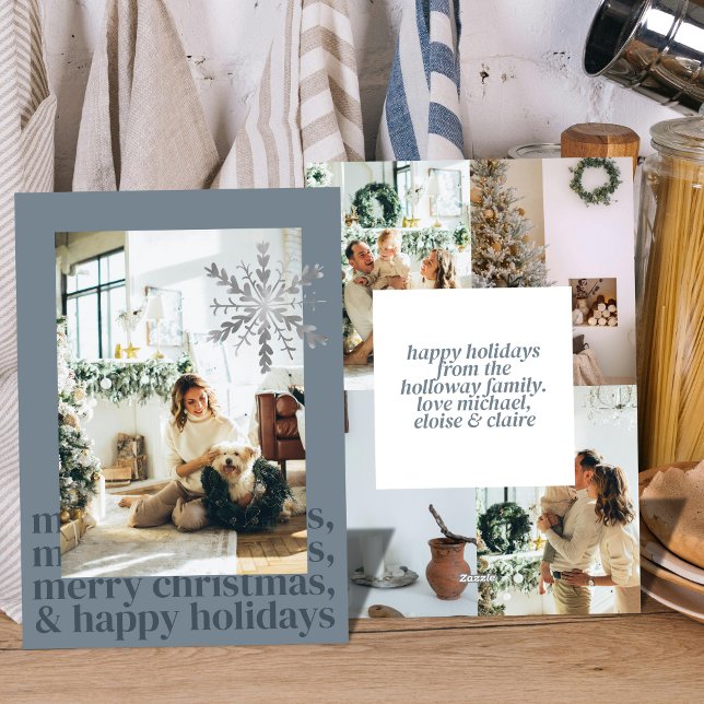 Tarjeta de vacaciones plana con foto estética azul (Celebrate the season with this sleek and stylish flat holiday card.)
