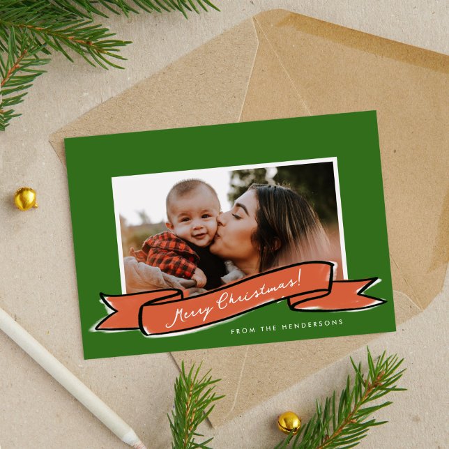 Tarjeta de vacaciones plana con fotos de Navidades (Red Ribbon Green Christmas Photo Flat Holiday Card)
