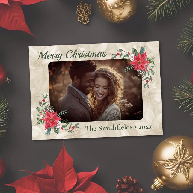 Tarjeta de vacaciones plana con fotos de poinsetti (Gold embossed Poinsettia photo Christmas card)