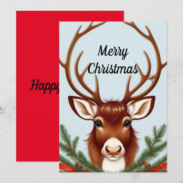 Tarjeta de vacaciones plana con retrato de ciervo (Anverso / Reverso)