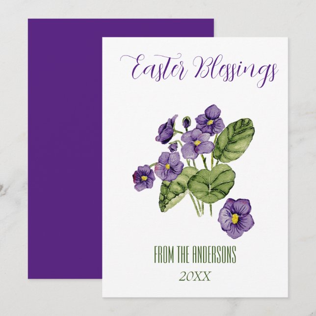 Tarjeta de vacaciones plana con violetas moradas b (Anverso / Reverso)