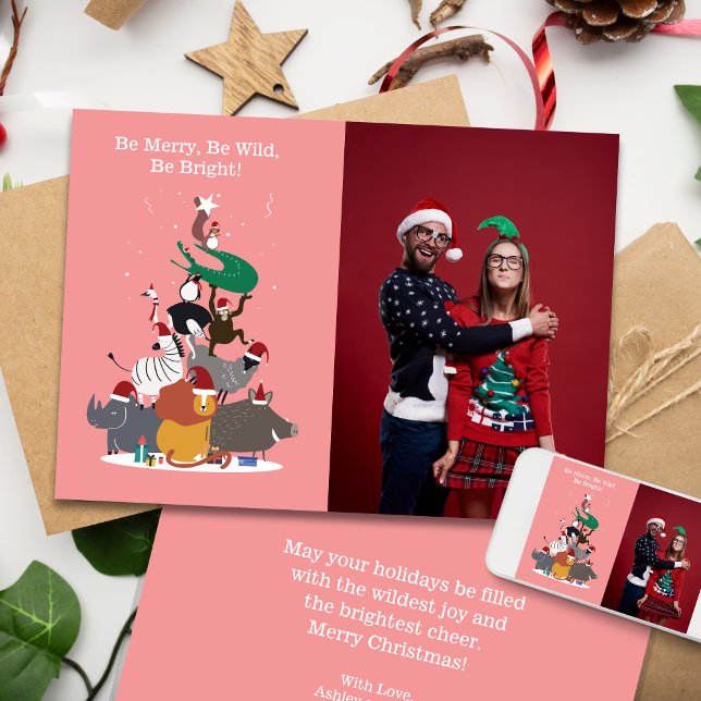 Tarjeta de vacaciones plana de animales salvajes d (Wildlife Animals Christmas Tree Card)