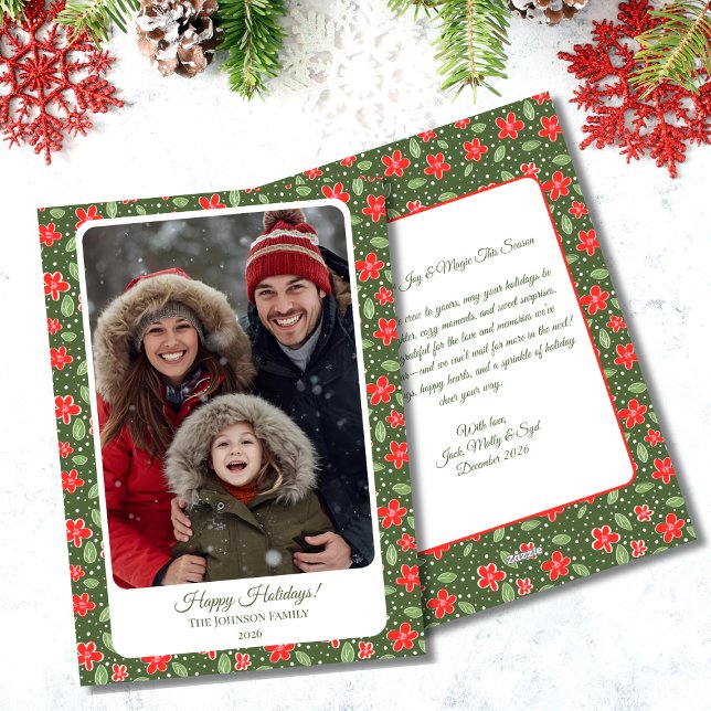 Tarjeta de vacaciones plana de fotos florales verd (Modern Floral Photo Flat Holiday Card)