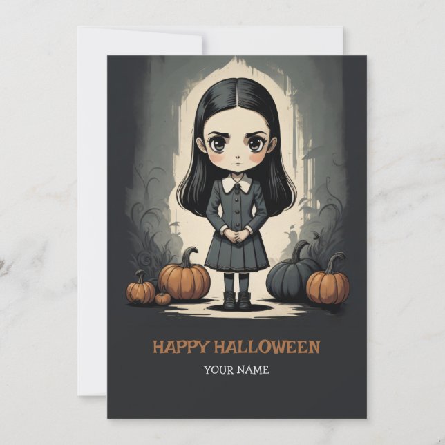 tarjeta de vacaciones plana de halloween chica (Anverso)