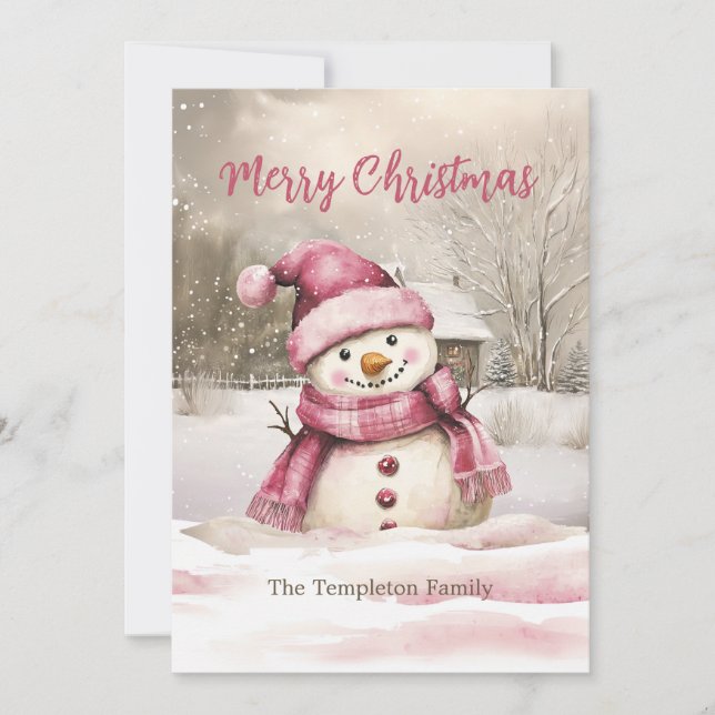 Tarjeta de vacaciones plana de Navidad rosa con vi (Anverso)