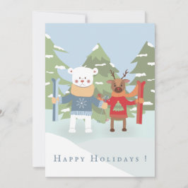 Tarjeta de vacaciones plana de oso polar y reno cú