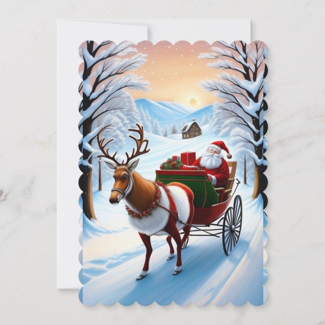 Tarjeta de vacaciones plana de Santa Claus y renos (Santa Claus and Reindeer Sleigh and Gifts, Winter Snowfall Background )