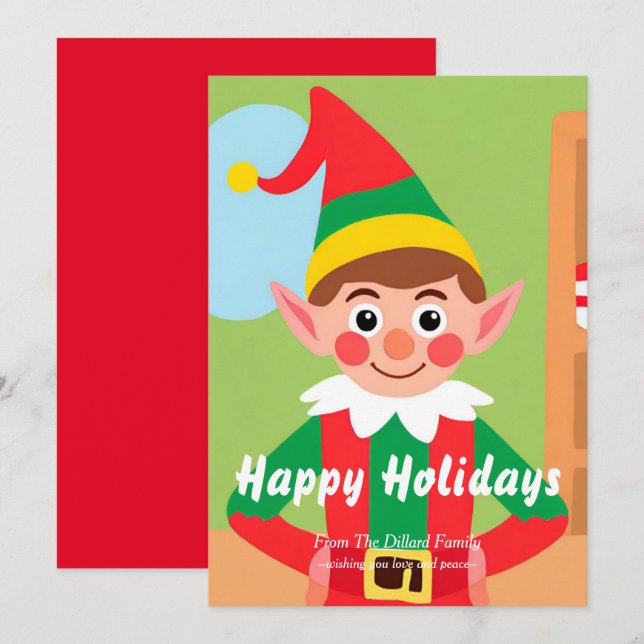 Tarjeta de vacaciones plana Elf Navidades (Anverso / Reverso)