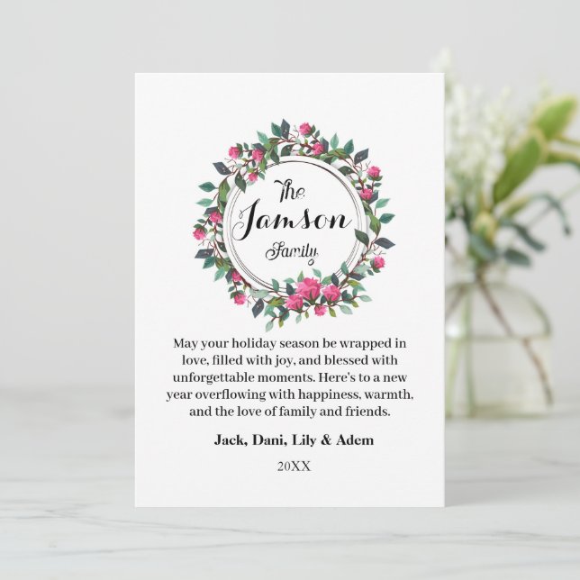 Tarjeta de vacaciones plana Floral Wreath Family (Anverso de pie)