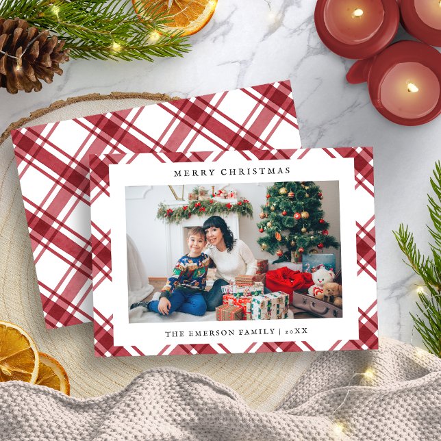Tarjeta de vacaciones plana fotográfica Merry Chri (Photo Merry Christmas Plaid Flat Holiday Card
)