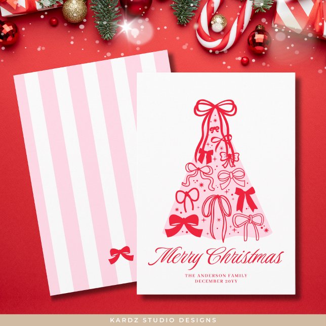 Tarjeta de vacaciones plana merry Pink Red Bow Tre (Holiday card shown in 5 x 7 inches, personalize and choose paper and corner style before checkout.)