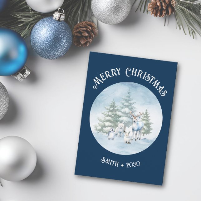 Tarjeta de vacaciones plana para animales de Woodl (Woodland creatures Merry Christmas card in dark blue)