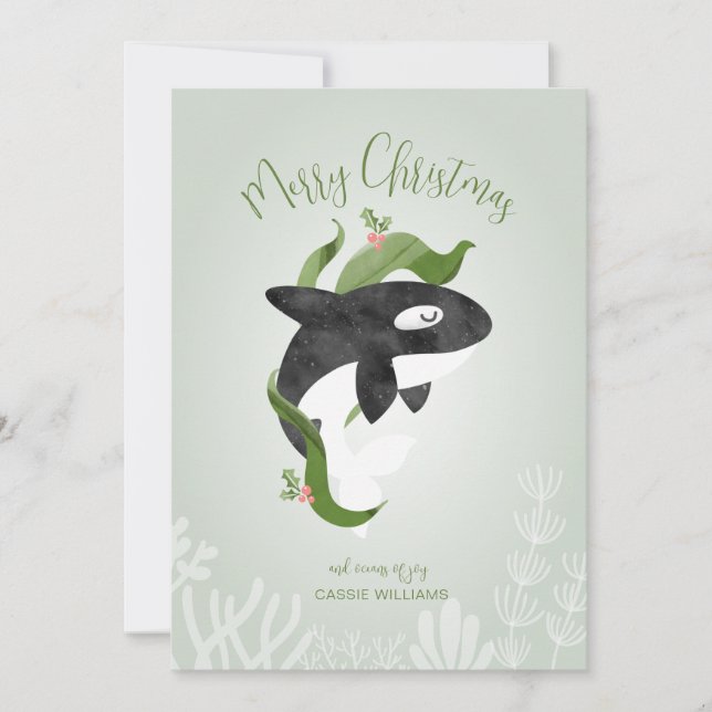 Tarjeta de vacaciones plana para Navidades Orca (Anverso)