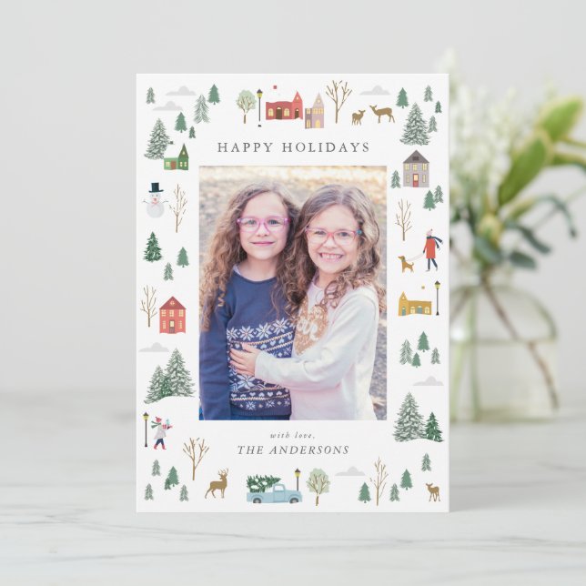 Tarjeta de vacaciones plana para Navidades Snowley (Anverso de pie)