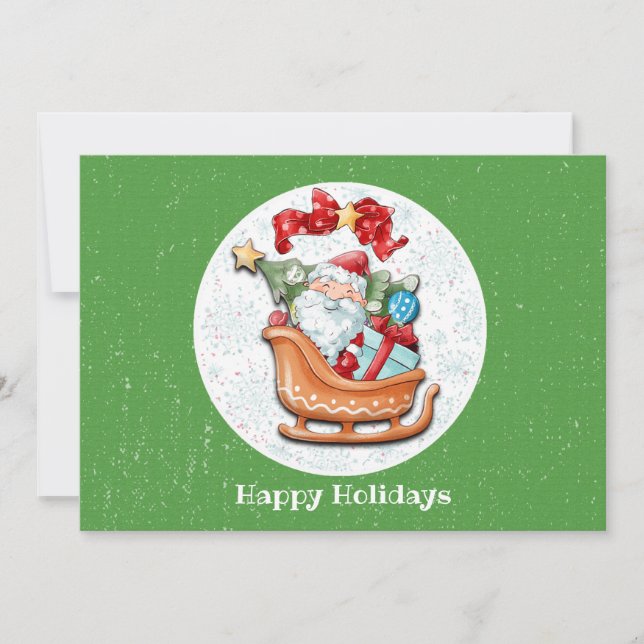 Tarjeta de vacaciones plana Sleigh de Santa (Anverso)