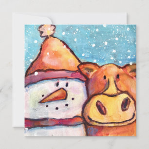 Tarjeta de vacaciones plana Snowman y Cow