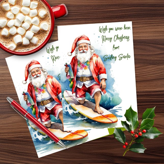 Tarjeta de vacaciones plana Surfing Santa (Subido por el creador)