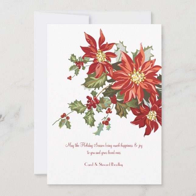 Tarjeta de vacaciones plana Vintage Poinsettias (Anverso)