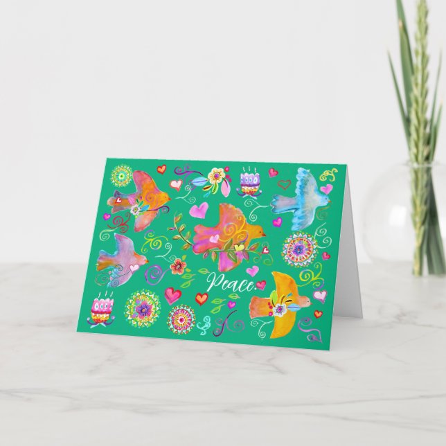 Tarjeta de vacaciones plegada con palomas de la pa (Anverso)