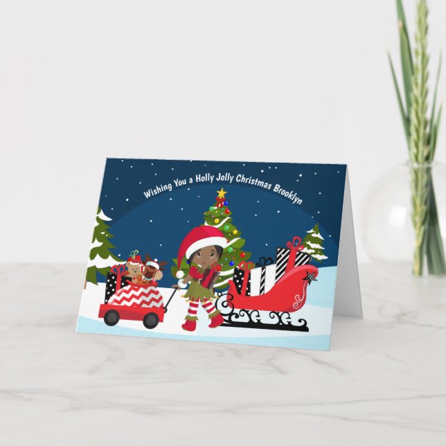 Tarjeta de vacaciones plegada Elf Chica negro (Anverso)