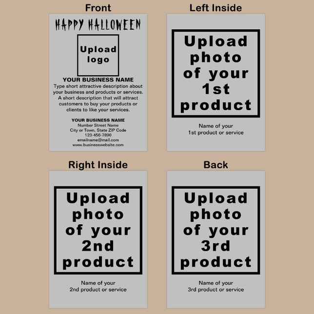 Tarjeta de vacaciones plegada gris de Halloween de (Gray folded holiday card for Halloween with your business brand and products or services.)