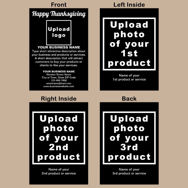 Tarjeta de vacaciones plegada negra de Acción de G (Black folded holiday card for Thanksgiving with your business brand and products or services.)