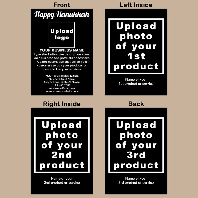 Tarjeta de vacaciones plegada negra Hanukkah para  (Black folded holiday card for Hanukkah with your business brand and products or services.)