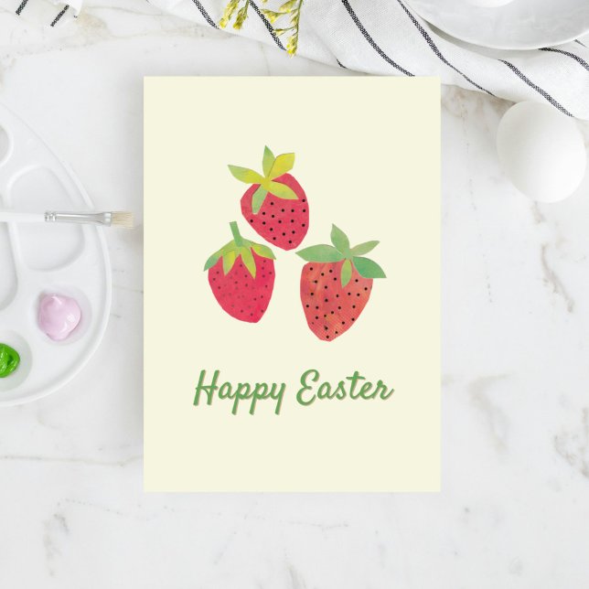 Tarjeta de vacaciones plegada Retro Spring Strawbe (Our strawberry Easter card features my vintage-inspired collage art of three red berries.)