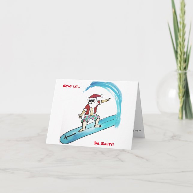Tarjeta de vacaciones plegada Surfin Santa (Anverso)