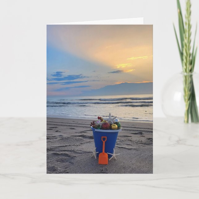 Tarjeta de vacaciones plegada temática de playa co (Anverso)