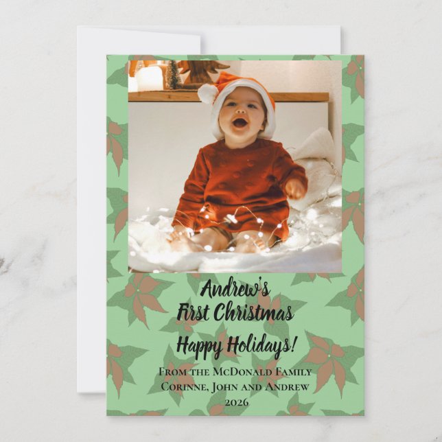 Tarjeta de vacaciones Primer Navidad del bebé verd (Anverso)