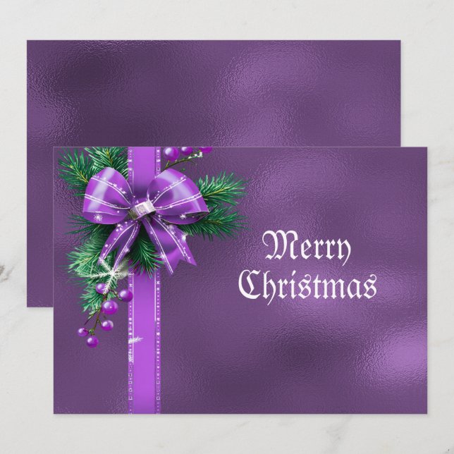 Tarjeta de vacaciones Purple Bow Navidades (Anverso / Reverso)