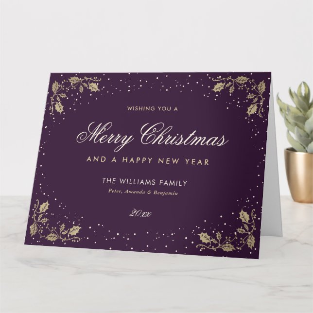 Tarjeta de vacaciones Purple Gold Holly Snow Photo (Planta pequeña)