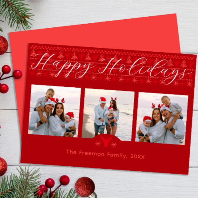 Tarjeta de vacaciones Red Nórdica Feliz con tres f (Happy Holidays Family Photo Christmas Card)