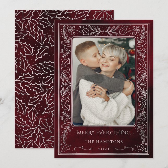 Tarjeta de vacaciones Red Silver Pine Holly Berry  (Anverso / Reverso)
