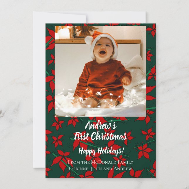 Tarjeta de vacaciones roja verde primera Navidad d (Anverso)