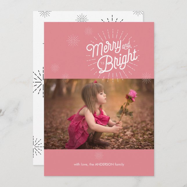 Tarjeta de vacaciones rosa con foto Starburst 1 (Anverso / Reverso)