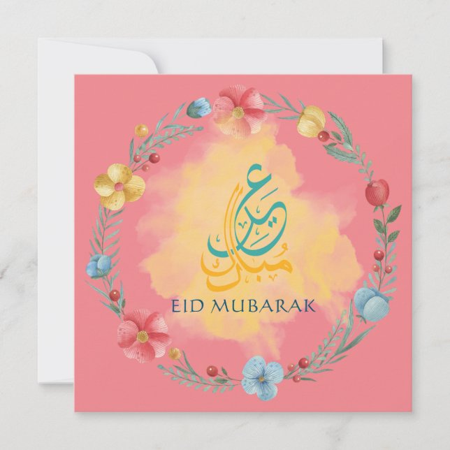Tarjeta de vacaciones rosa para flores Eid Mubarak (Anverso)