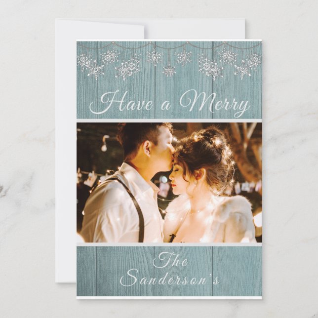 Tarjeta de vacaciones Rustic Blue Photo Navidades (Anverso)