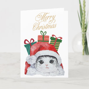 Tarjeta de vacaciones Santa Kitty Cute Watercolor