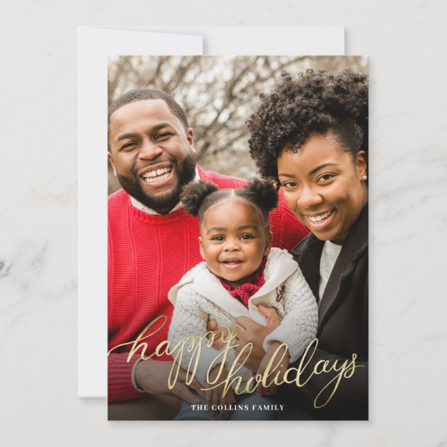 Tarjeta de vacaciones simple de oro Felices Fiesta (Anverso)