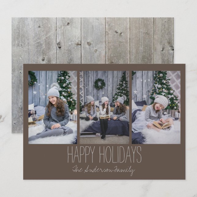 Tarjeta de vacaciones simple de tres fotos Rústica (Anverso / Reverso)
